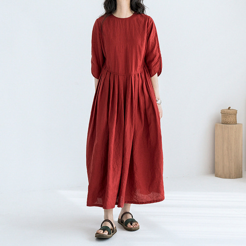 リネン100％ ウェストタック入りロングワンピース レッドワンピース  