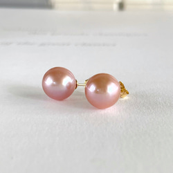 天然珍珠櫻花粉紅紅寶石珍珠耳環（9mm）可改耳環 第4張的照片