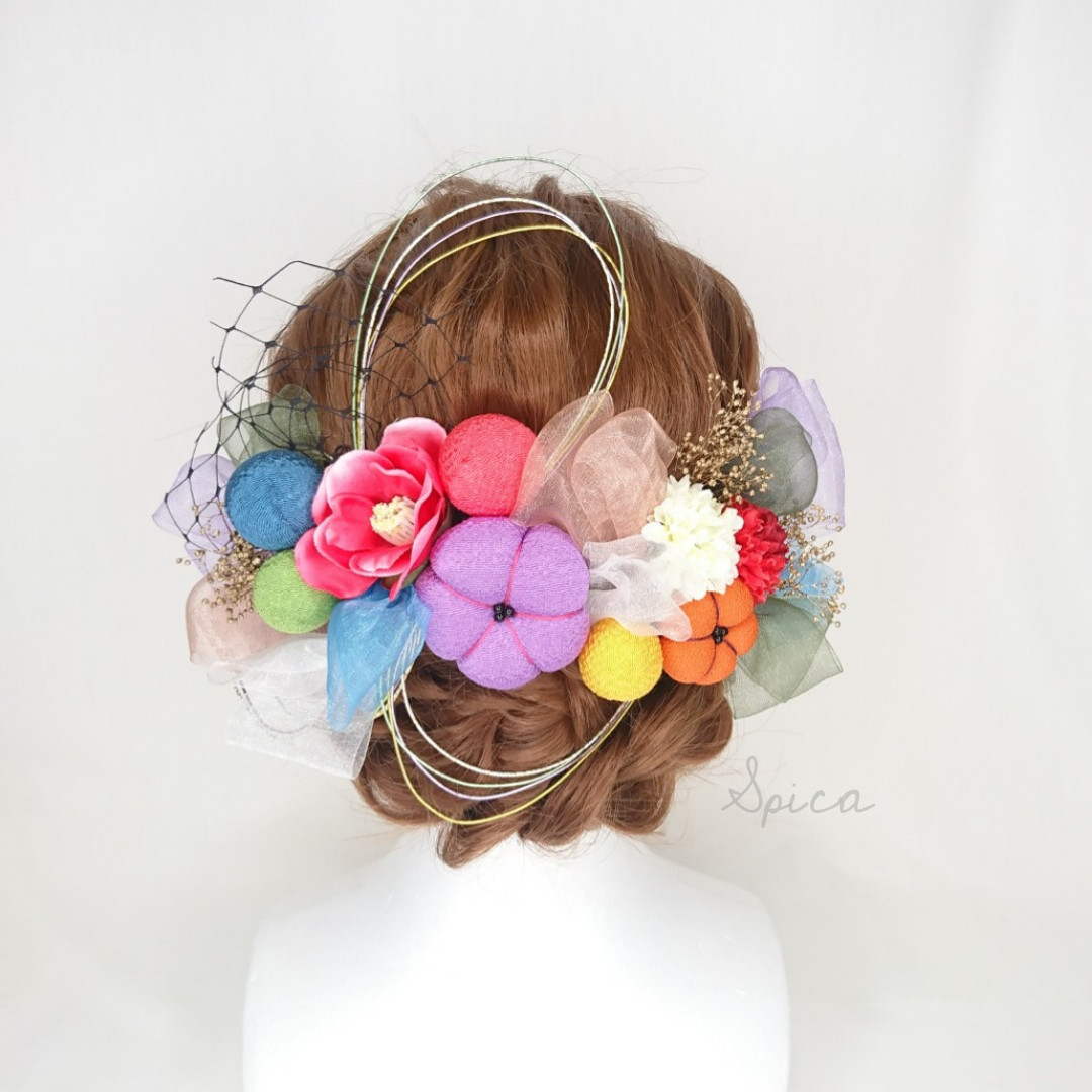 【一点限定】ちりめん梅と和玉と椿 水引 成人式 卒業式 紫 青 袴 打掛 七五三 オレンジ 緑 和装 髪飾り 和 リボン