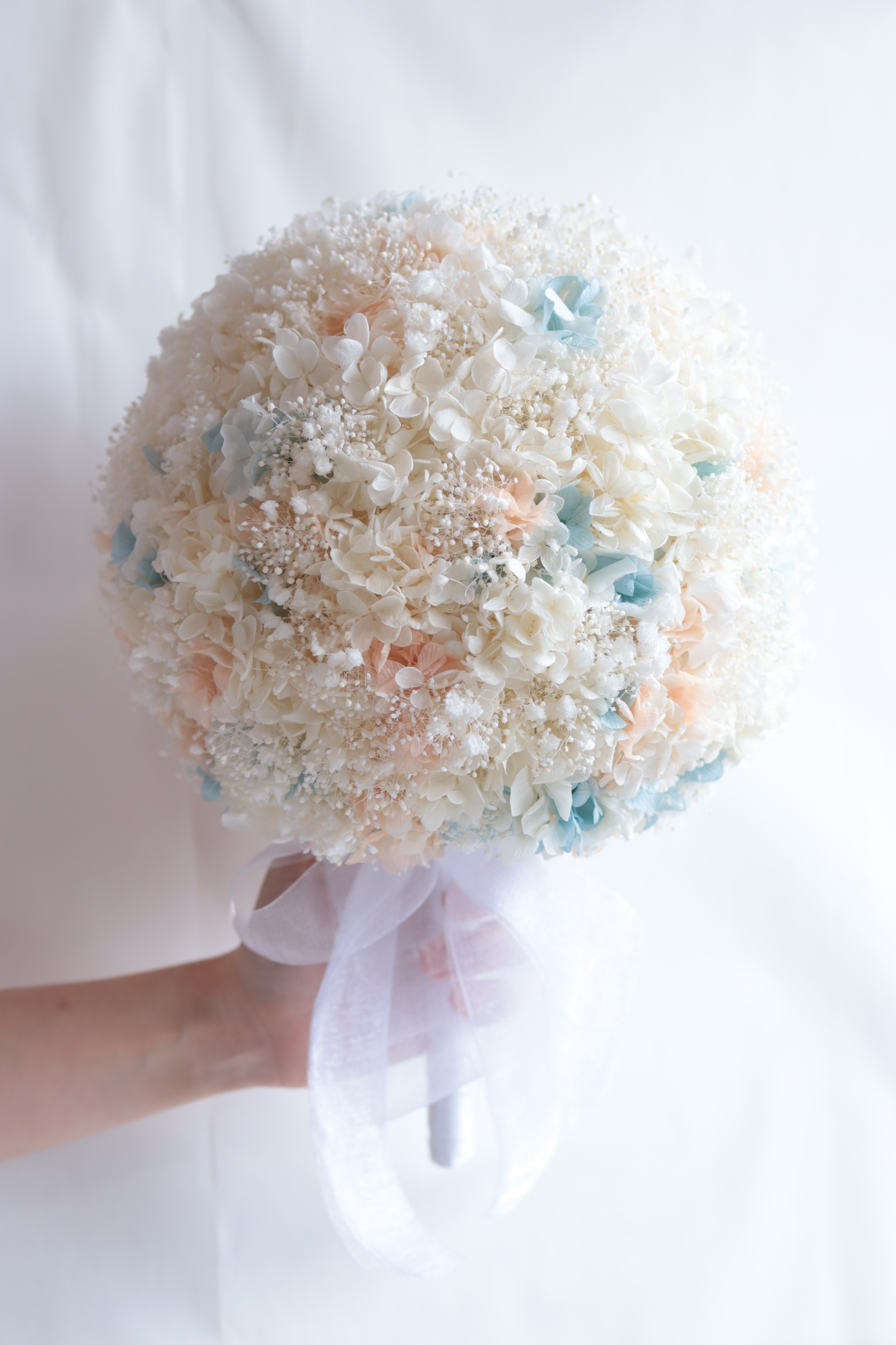 【カラーオーダー制】カスミソウ×アジサイmixのラウンドブーケ(M)＊プリザーブドフラワー