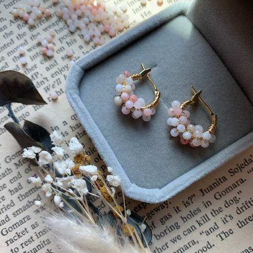 優しいピンクカラー✨ ピンクオパール フープピアス k16gp ピアス 