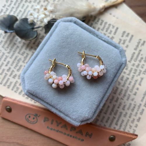 優しいピンクカラー✨ ピンクオパール フープピアス k16gp ピアス 