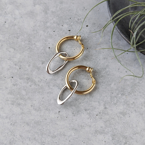 2way | ゴールド＆シルバーミックス｜変形楕円リング ＆ 太フープ