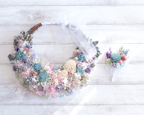 ナチュラルパステルカラーのリースブーケ＊ブートニア&ヘッドドレスも