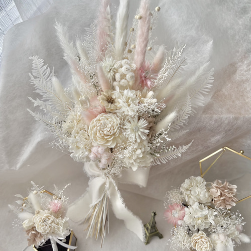 ドライフラワーと造花のブーケ　ウェディング　ミモザのブーケ ドライフラワー スワッグ ミモザ 花束 プレゼント プリザーブド