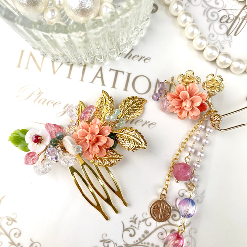 樹脂粘土・天然石飾り/和装ヘアアクセサリー/ヴィンテージヘア