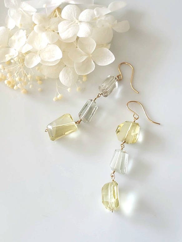 14kgfグリーン×イエロークォーツドロップピアス k14gf 天然石