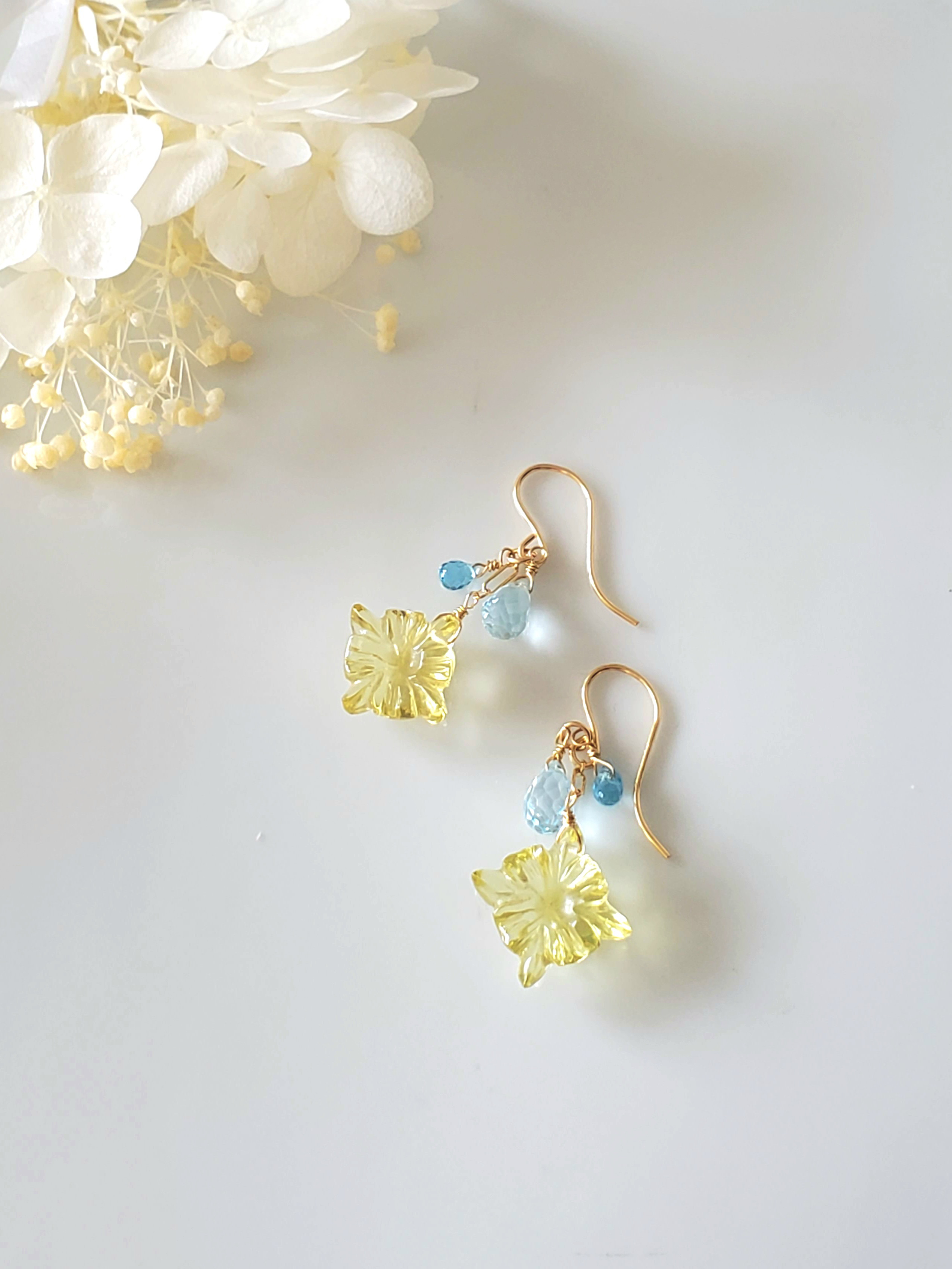 〜 flower 〜　レモンクォーツ＆スイスブルートパーズの14kgfピアス／イヤリング