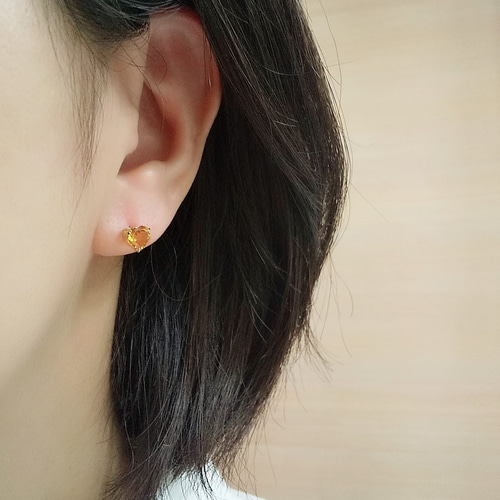 K18 はちみつカラーシトリン 一粒ハートピアス ピアス（スタッド・一粒