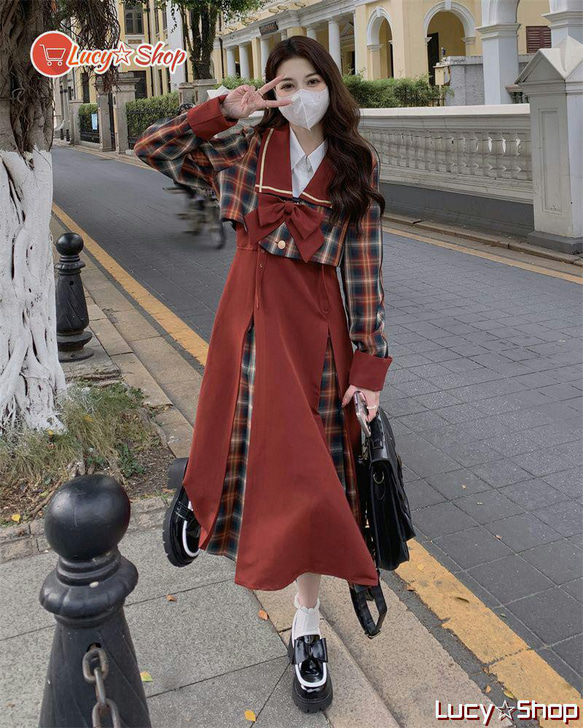 2点 セット アウター ボウタイ チェック+サロペットワンピース ハイ  