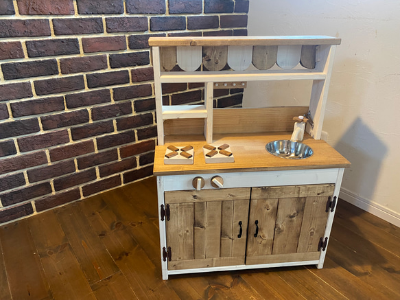 おままごとキッチン（シンプル）オープンカフェ式 木製 3色から選べる ハンドメイド 1枚目の画像
