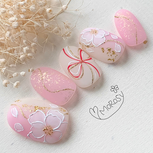 オーダー】ネイルチップ振袖袴和装卒業式前撮り金箔ニュアンスミラー