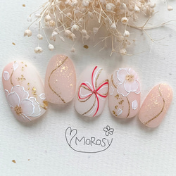 【オーダー】ネイルチップ　振袖袴　和装　卒業式　前撮り　金箔　ニュアンスミラー MOROSY228☆和装 成人式 前撮り 花 金箔 和柄 和風 振袖 卒業式