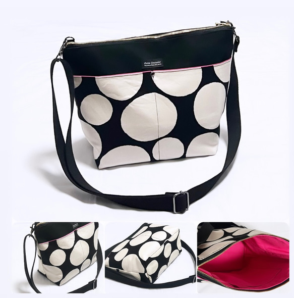 黒 レザー ショルダーバッグ ドット柄 黒レザーショルダーバッグ ドット柄ストラップ