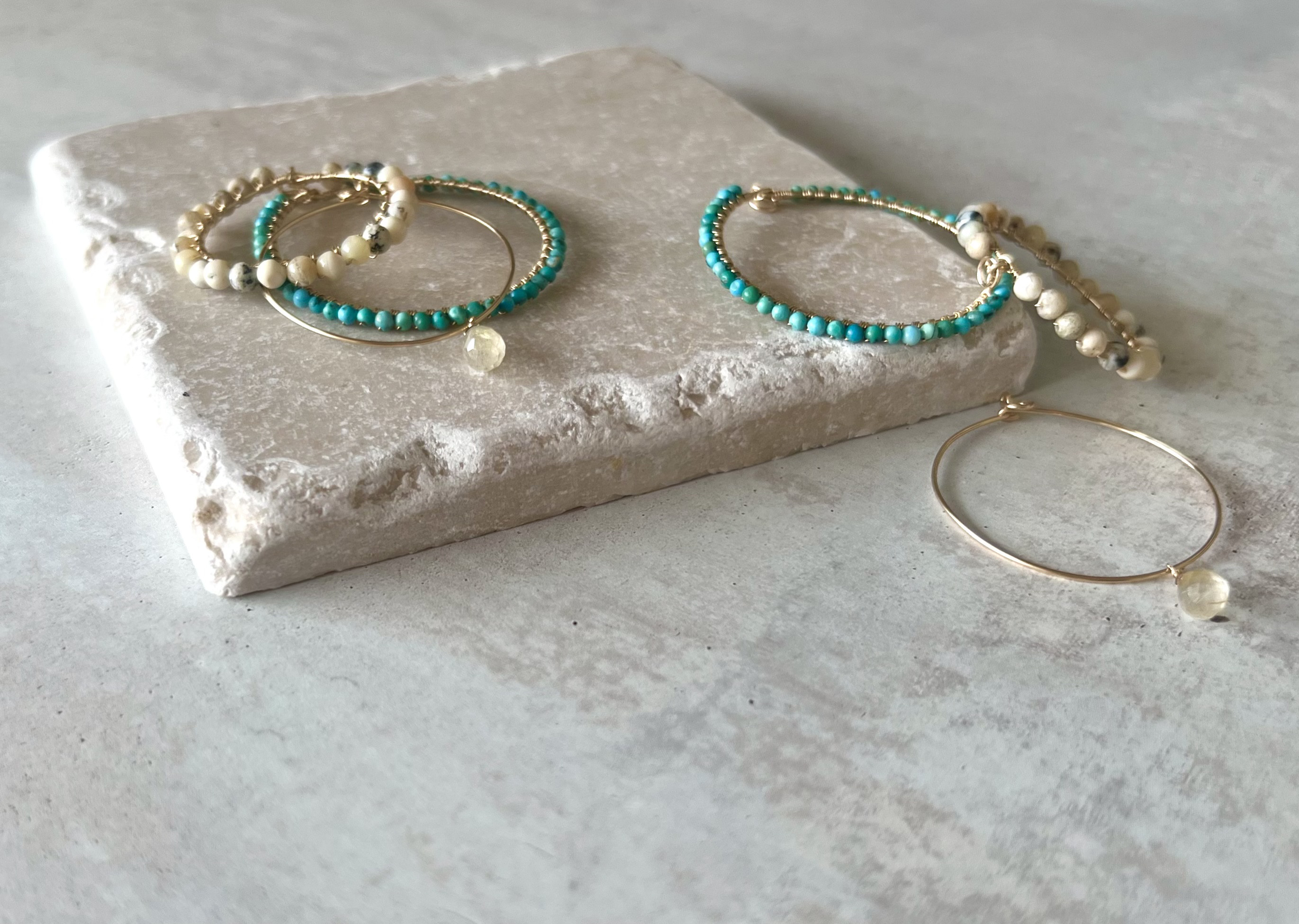 【再販】フープ　着せ替えチャーム/ピアス/イヤリング【ターコイズ/アフリカンオパール／ルチルクォーツ】14kgf