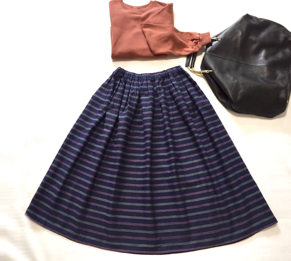 棉麻混紡鑲邊條紋縮褶裙❤︎有尺碼【定做】 第11張的照片