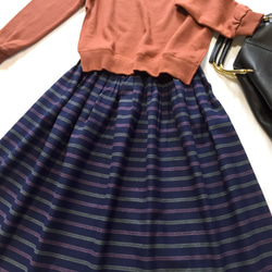 棉麻混紡鑲邊條紋縮褶裙❤︎有尺碼【定做】 第2張的照片