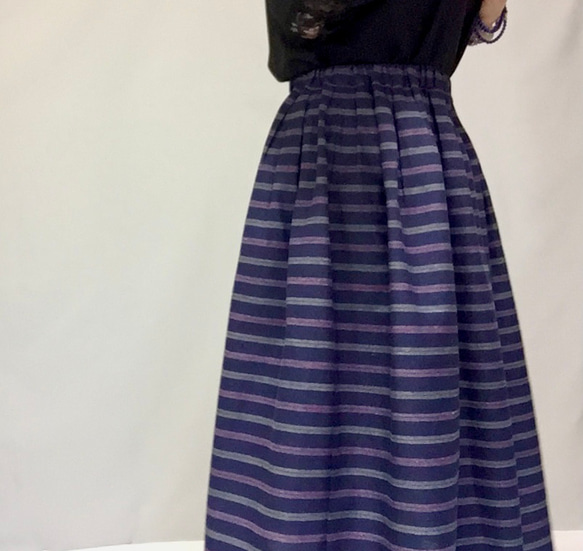 棉麻混紡鑲邊條紋縮褶裙❤︎有尺碼【定做】 第6張的照片