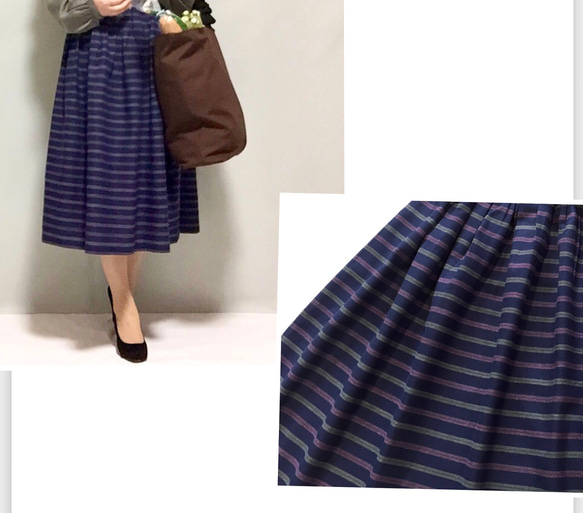 棉麻混紡鑲邊條紋縮褶裙❤︎有尺碼【定做】 第3張的照片