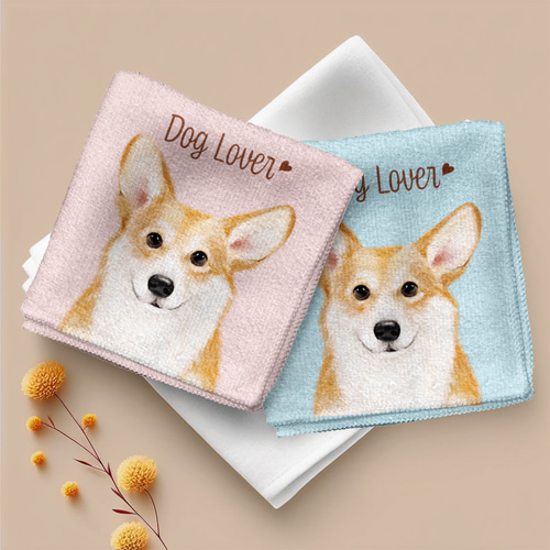 犬種選べる タオルハンカチ ピンク＆ブルー2枚セット 】 水彩画風