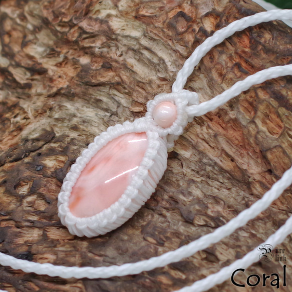 ピンクコーラル『桃色珊瑚・コーラル』マクラメ編みネックレス 2枚目の画像