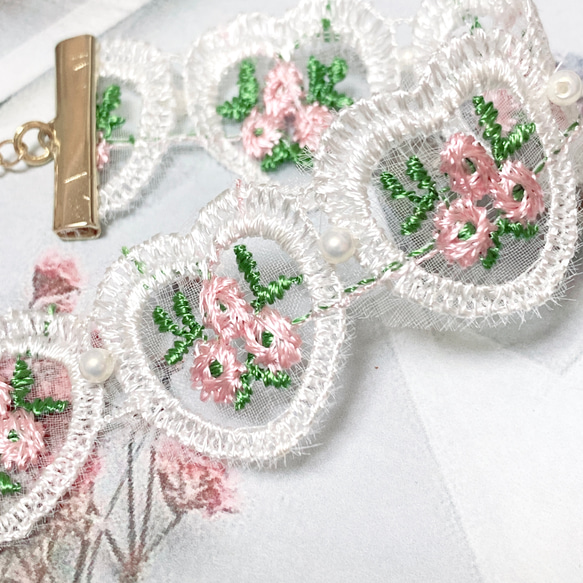 花刺繍ハートレースチョーカー (ピンク)   ＊028 3枚目の画像