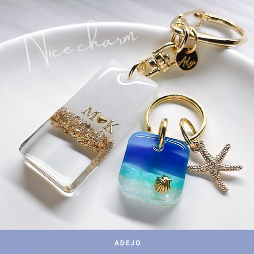 海グラデーション♡水面模様♡海色チャーム♡キーホルダー♡キーリング