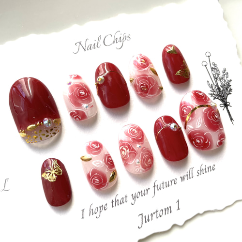 Jurtom 1ネイルチップ／赤 薔薇ニュアンスネイル／ブライダルネイル