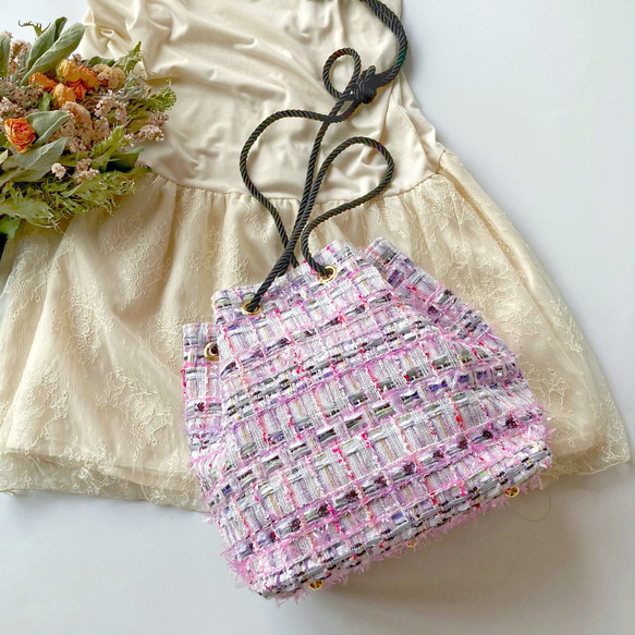 韓国 The barnnet ピンク 巾着型バッグ ツイード 韓国 The barnnet ピンク 巾着型バッグ ツイード 韓国 The