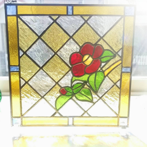 ステンドグラス アンティーク調 椿モチーフ パネル(スタンド付) その他