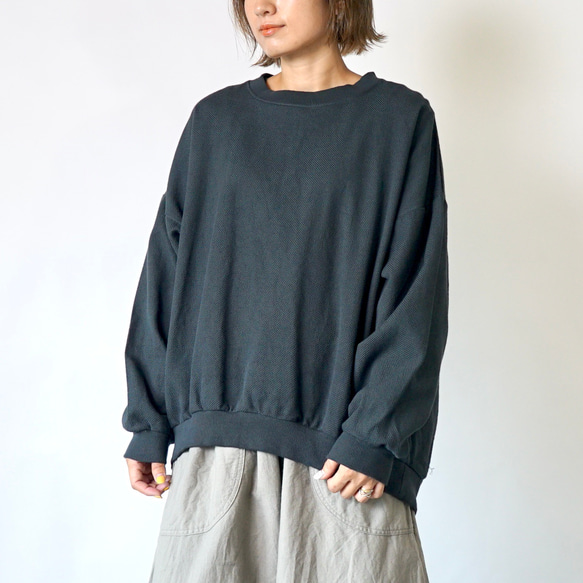 刺し子織ラウンドトレーナー/ブラック/三河木綿 スウェット