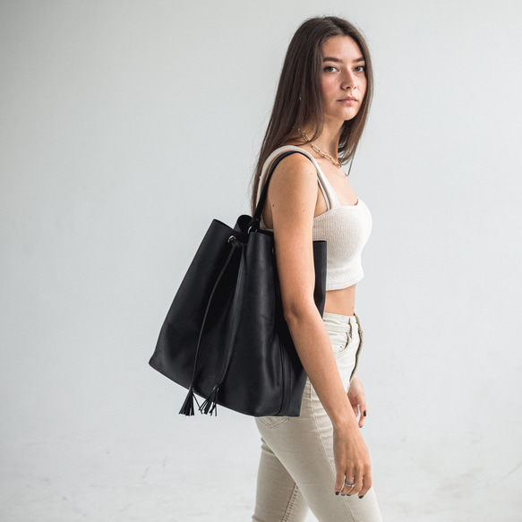 レザー バケット型 ショルダーバッグ 黒 受注制作 バケットバッグ ブラック スムースレザー 牛革 本革