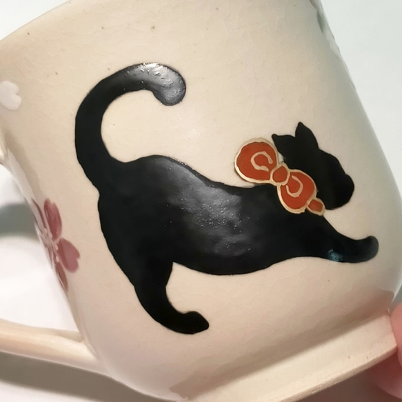 【別注品】黒猫と桜のマグカップ(B) 5枚目の画像