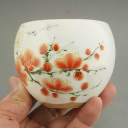 ◆商品番号　6109　紅白梅お茶呑み茶碗　陶あん　花揃え 5枚目の画像