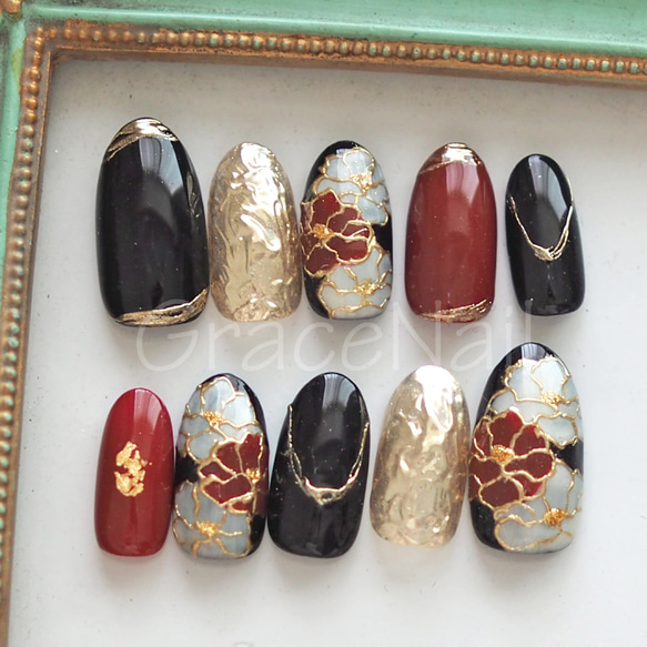 和柄 成人式 卒業式　フルオーダー　ネイルチップ オレンジのニュアンス和柄ネイル🍊 成人式、卒業式、和装に