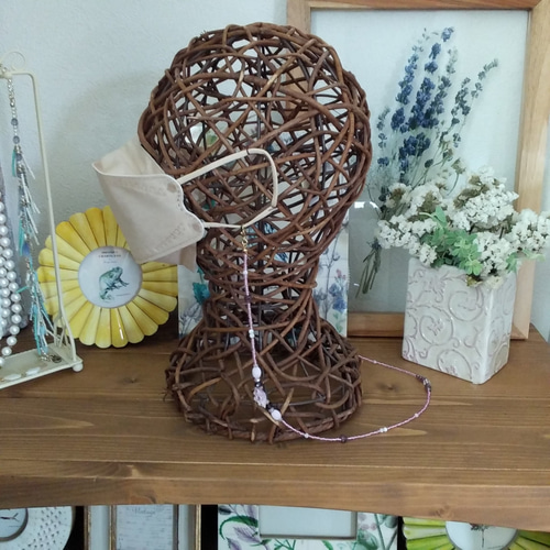 ♪370❤️ 天然石ラピスラズリ花アンティークマスクチェーンハンドメイド