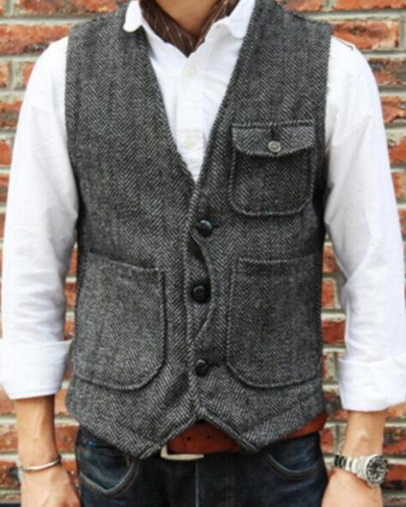 メンズベスト クラシカル ツイード ウール ハンティングベスト グレー