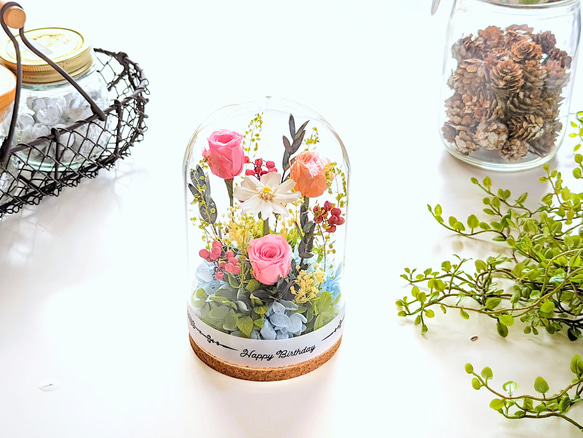 プリザーブドフラワーのガラスドーム　選べるメッセージ付きフラワーギフト・誕生日花ギフト・結婚祝・退職祝・花の贈り物 3枚目の画像