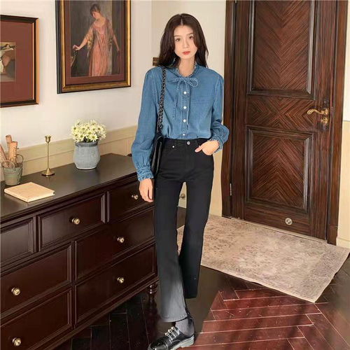 新作 トップス 無地 デニム ボウタイブラウス レディース 長袖 シャツ