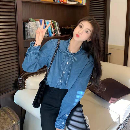 新作 トップス 無地 デニム ボウタイブラウス レディース 長袖 シャツ