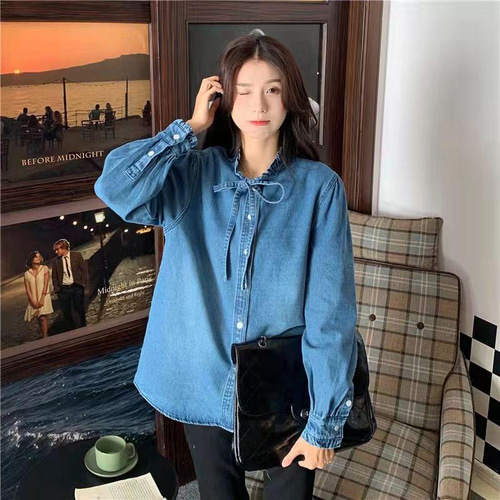 新作 トップス 無地 デニム ボウタイブラウス レディース 長袖 シャツ
