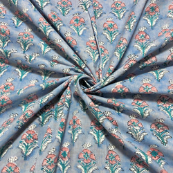 【50cm単位】ブルーグレースモールフラワー　インドハンドブロックプリント生地　テキスタイル　コットン 1枚目の画像