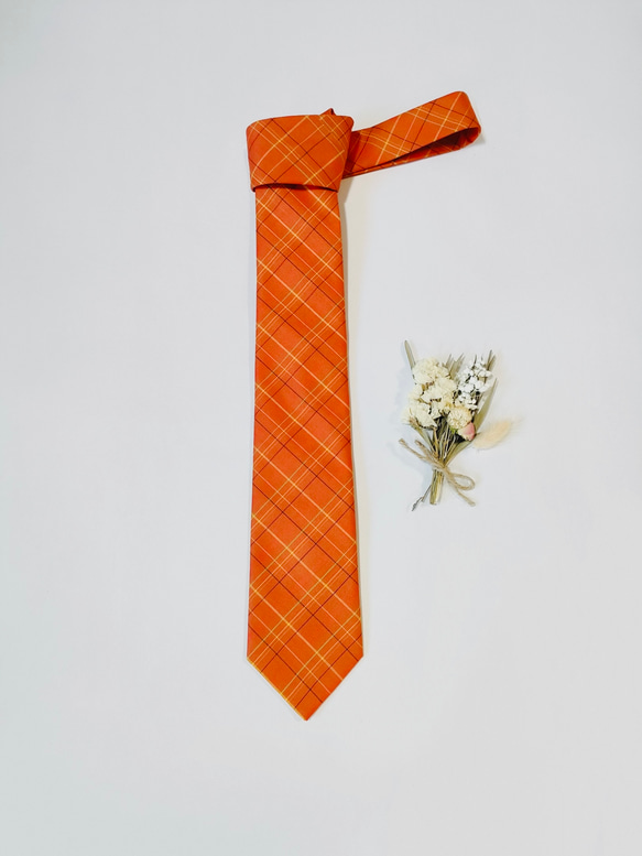 【高級正絹ネクタイ】オレンジ系 格子(タータンチェック柄)（送料無料・ラッピング無料） 5枚目の画像