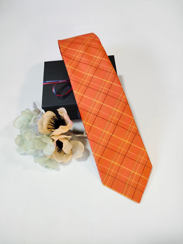 【高級正絹ネクタイ】オレンジ系 格子(タータンチェック柄)（送料無料・ラッピング無料） 2枚目の画像