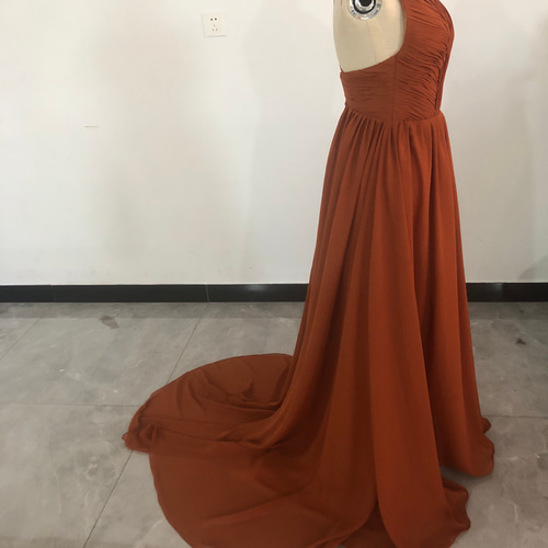 ふんわりシフォン製 テラコッタカラードレス Vネックドレス  