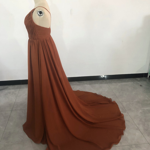 ふんわりシフォン製 テラコッタカラードレス Vネックドレス  