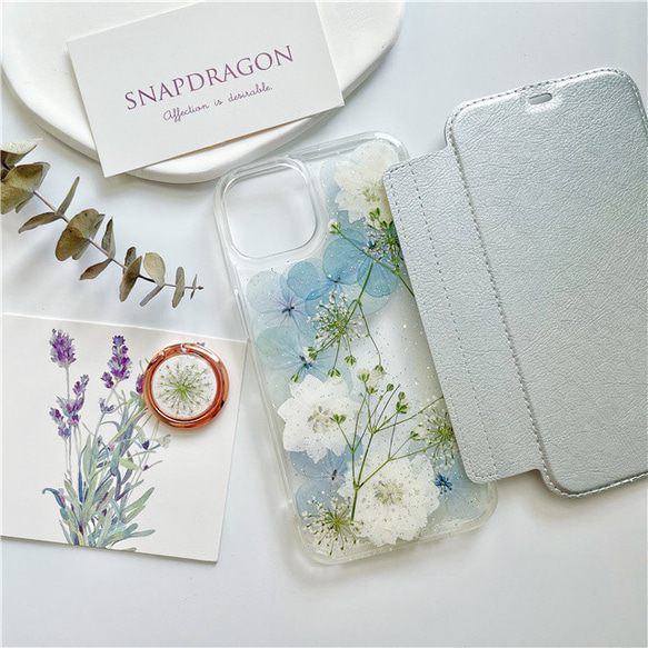 紫陽花押し花スマホケース、全機種対応、手帳型、ストラップ