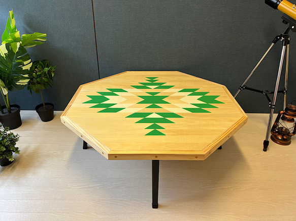 【送料無料】 ローテーブル 8角 オルテガ ホワイト×グリーン アンティーク調 折りたたみ脚 7枚目の画像
