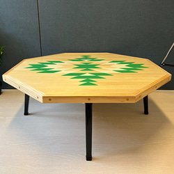 【送料無料】 ローテーブル 8角 オルテガ ホワイト×グリーン アンティーク調 折りたたみ脚 6枚目の画像