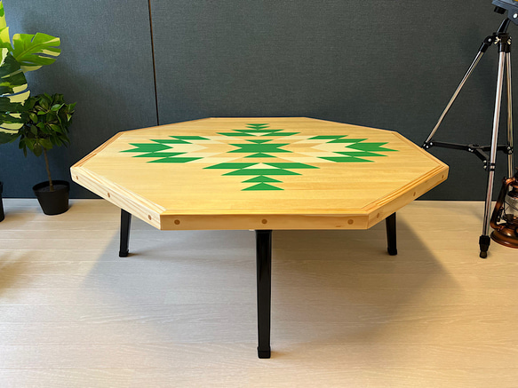 【送料無料】 ローテーブル 8角 オルテガ ホワイト×グリーン アンティーク調 折りたたみ脚 6枚目の画像